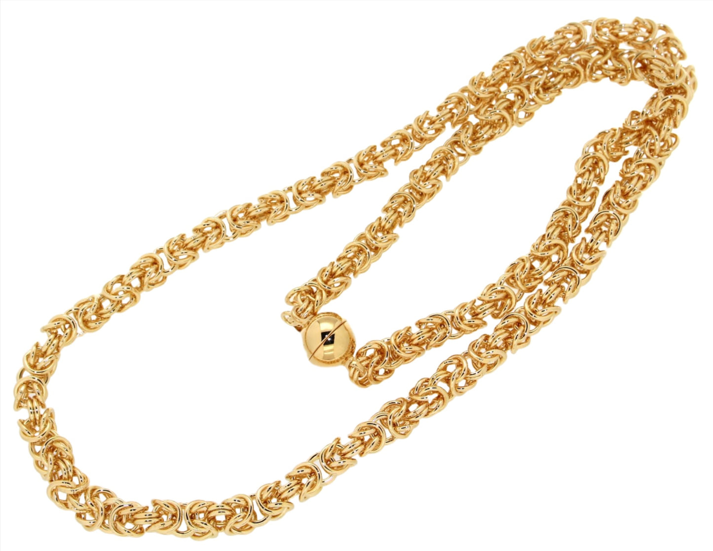 A chic gold necklace featuring a twisted chain design, interspersed with rounded links, finished with a shiny gold ball clasp for secure fastening.