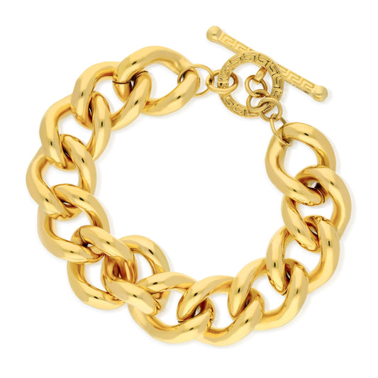 8.5" Yellow Gold Chunky Polished Link Bracelet Engraved Toggle