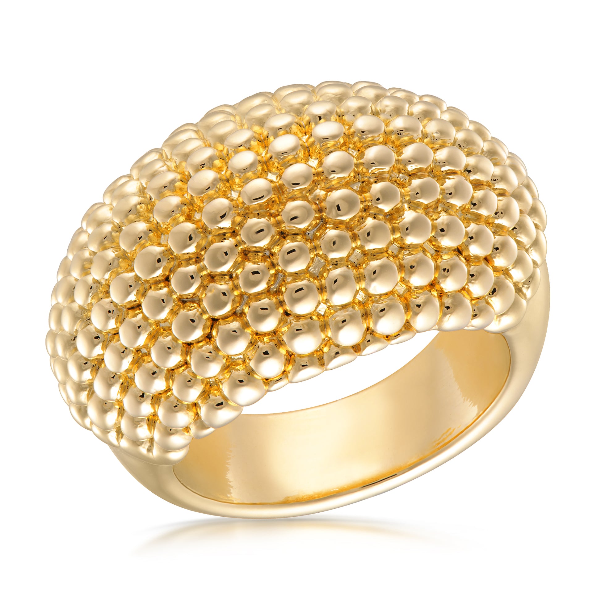 A striking gold ring featuring a textured dome design adorned with numerous small, polished beads that create a stunning surface. The ring's bold and contemporary style offers a unique statement piece, reflecting light beautifully and adding a touch of luxury to any outfit.