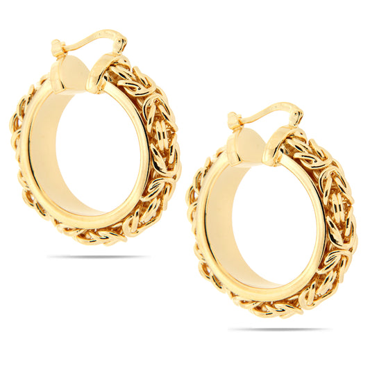 A pair of gold hoop earrings featuring an intricate design that adds texture and elegance. The hoops have a classic circular shape with a secure latch closure, making them both stylish and practical. The detailed pattern creates a sophisticated look, perfect for elevating any outfit.