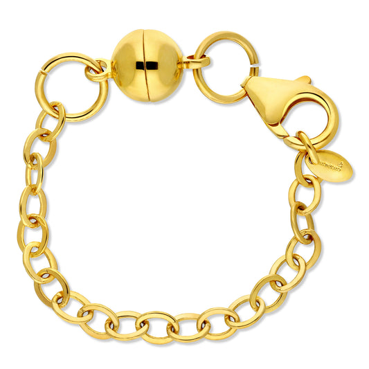 Gold bracelet with circular links and a polished round bead, featuring a lobster clasp closure.