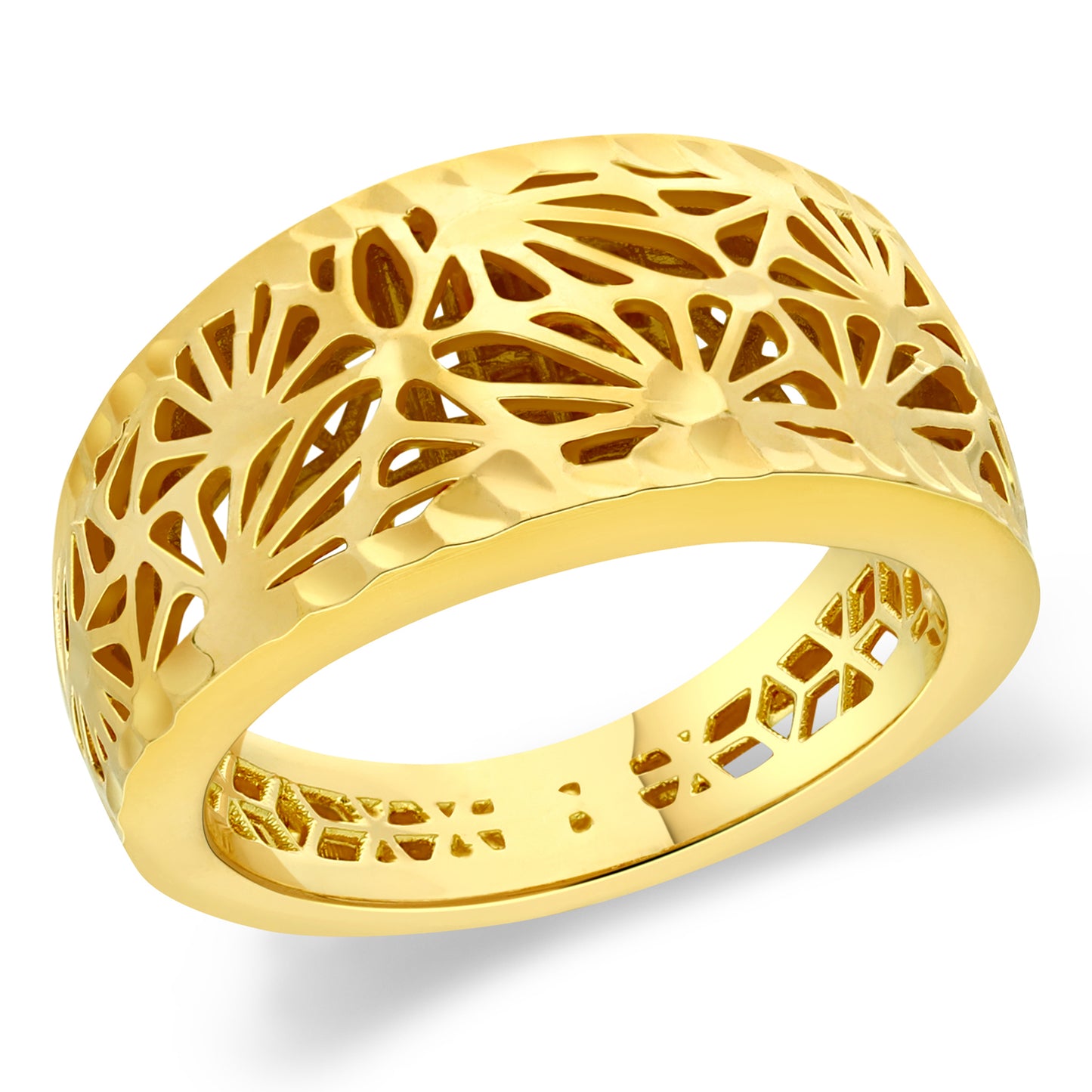 A stylish gold ring featuring a wide band with an intricate cutout design resembling floral patterns. The openwork detailing showcases a modern and artistic approach, allowing light to pass through and enhancing the ring's visual appeal.