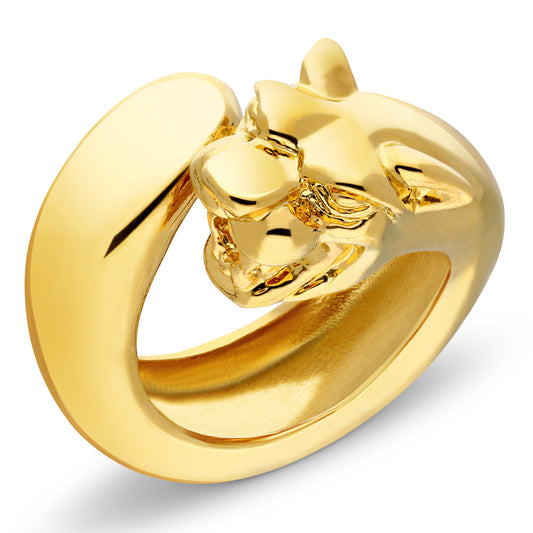 A striking gold ring featuring a stylized panther head design. The ring showcases a smooth, polished finish that highlights the fierce expression of the panther, including detailed facial features and a powerful jaw. The band of the ring elegantly curves around the finger, creating a bold and fashionable statement piece that captures the essence of wild elegance.