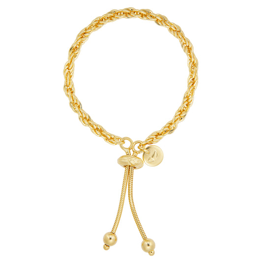 A stylish gold bracelet featuring a twisted chain design. The bracelet has a sliding closure with two decorative beads at the ends, allowing for adjustable sizing. Its intricate rope pattern adds texture and elegance, making it a perfect accessory for both casual and formal outfits.