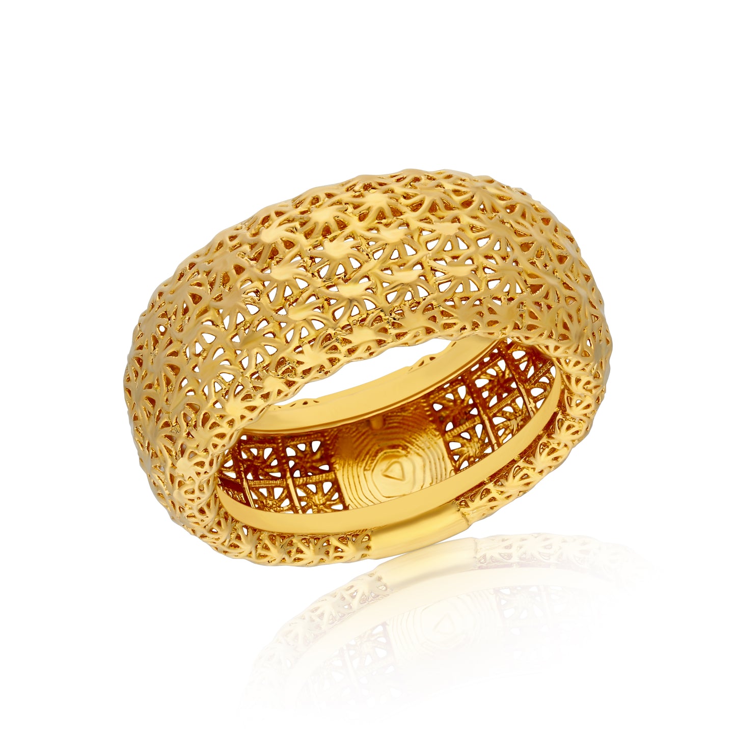 A stunning gold ring featuring an intricate openwork design. The ring has a wide band adorned with a delicate lattice pattern, showcasing a combination of geometric shapes and floral motifs.